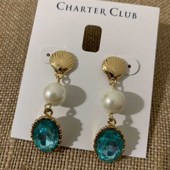 Charter Club Goldtone /Pearl/Aqua Earrings - Picture 8 of 9